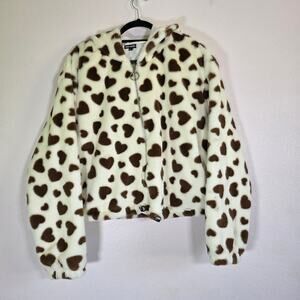 Free Haven Heart Print Faux Fur Jacket XL Cropped Zip Plush Cozy